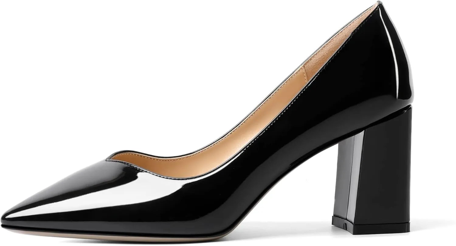 Zamikoo Women Chunky Heel Pumps Block High Heel Slip On Closed Pointed Toe Dress Pumps for Work Casual Daily Life Party Dress