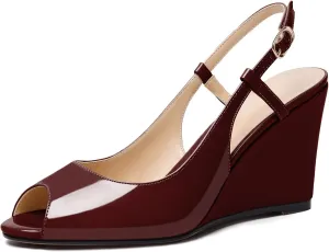 Zamikoo Women's Peep Toe Slingback Pumps 3.5" Wedge Heels Sandals with Adjustable Strap Solid Buckle Patent Leather US Size 5- Size 13