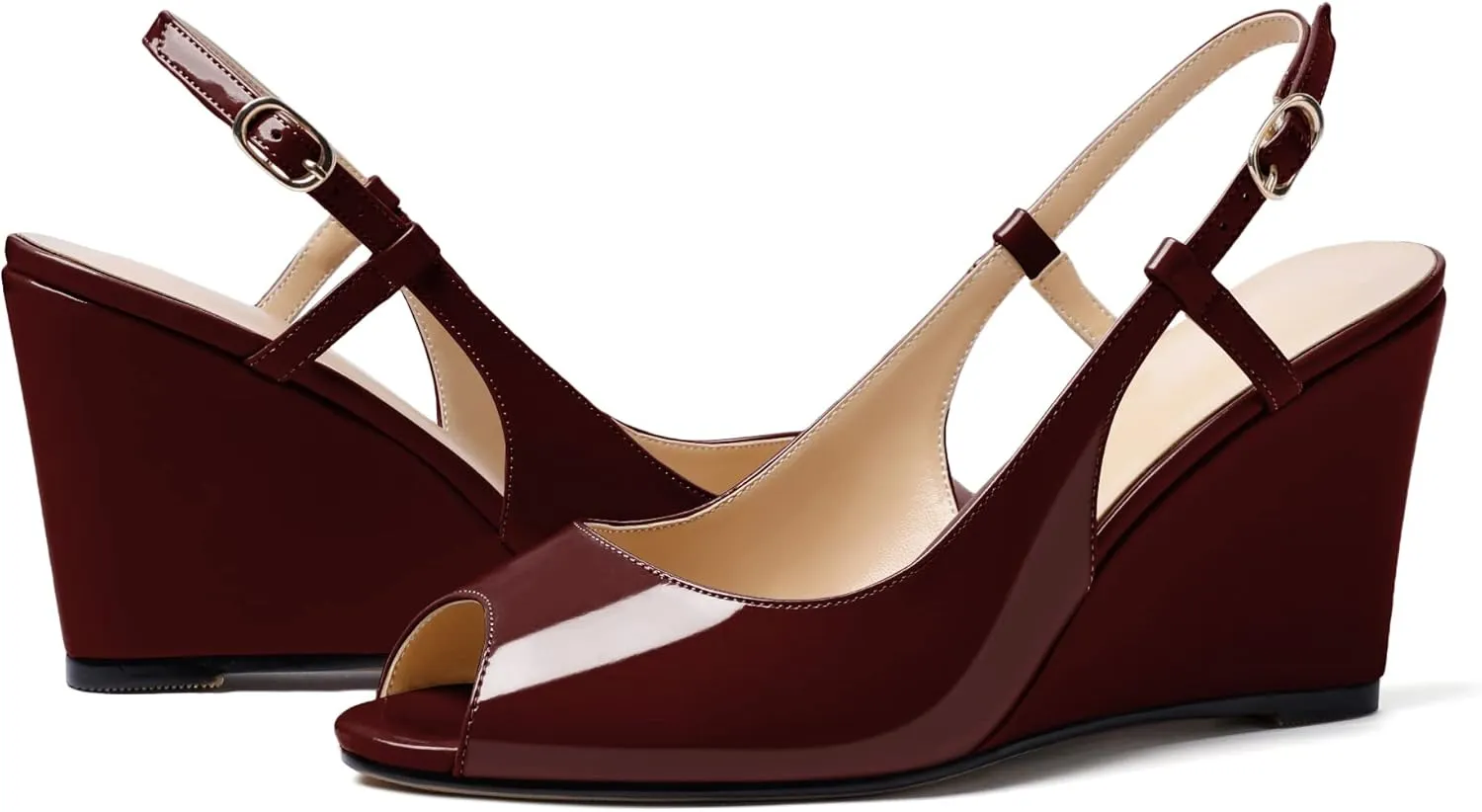 Zamikoo Women's Peep Toe Slingback Pumps 3.5" Wedge Heels Sandals with Adjustable Strap Solid Buckle Patent Leather US Size 5- Size 13